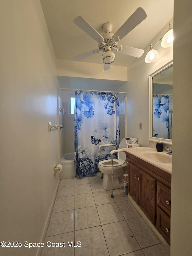 full bathroom featuring tile patterned flooring, toilet, vanity, shower / bath combo with shower curtain, and ceiling fan