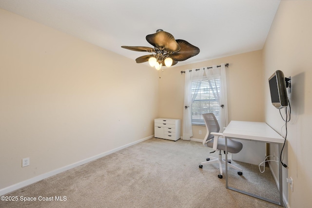 home office with light colored carpet and ceiling fan