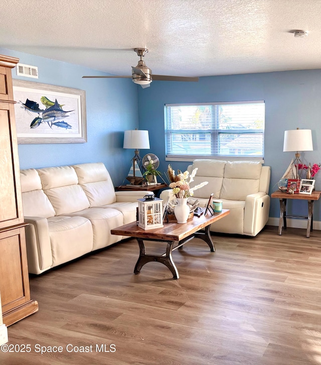 living room featuring hardwood / wood-style floors and a textured ceiling