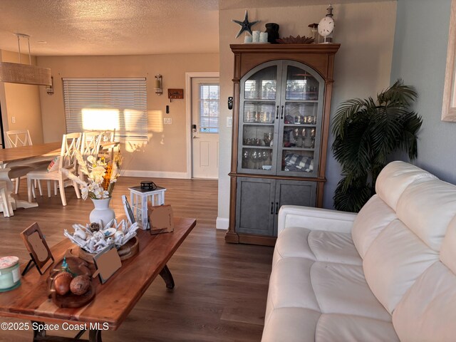 living room featuring a textured ceiling and dark hardwood / wood-style floors