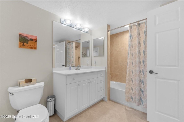 full bathroom with shower / bath combo, vanity, a textured ceiling, and toilet