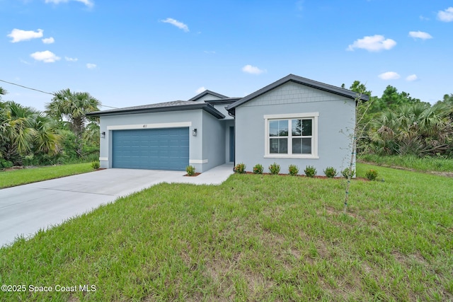 ranch-style house with a garage and a front lawn