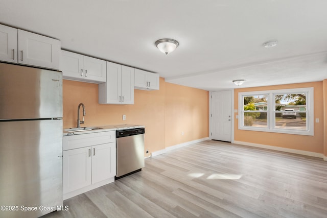 kitchen with white cabinets, sink, light wood-type flooring, and stainless steel appliances