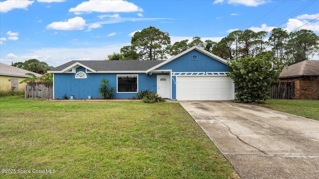 single story home featuring a garage and a front lawn