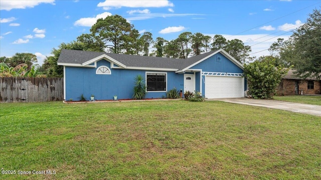 single story home featuring a front yard and a garage