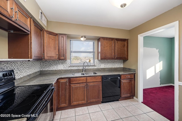 kitchen with black appliances, backsplash, sink, and light tile patterned floors