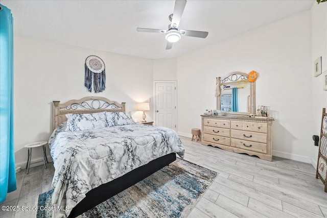 bedroom featuring ceiling fan and light hardwood / wood-style flooring