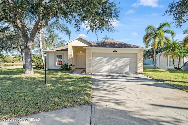 single story home with a front lawn and a garage