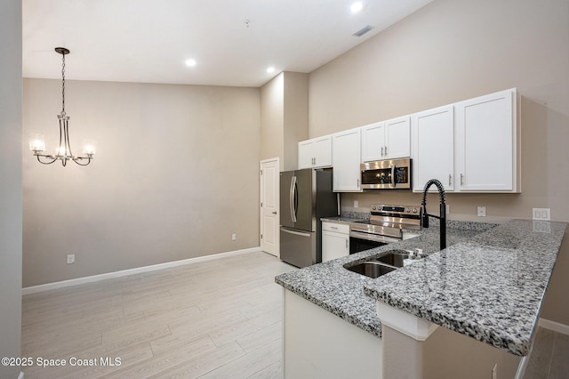 kitchen featuring kitchen peninsula, stainless steel appliances, stone countertops, white cabinets, and hanging light fixtures