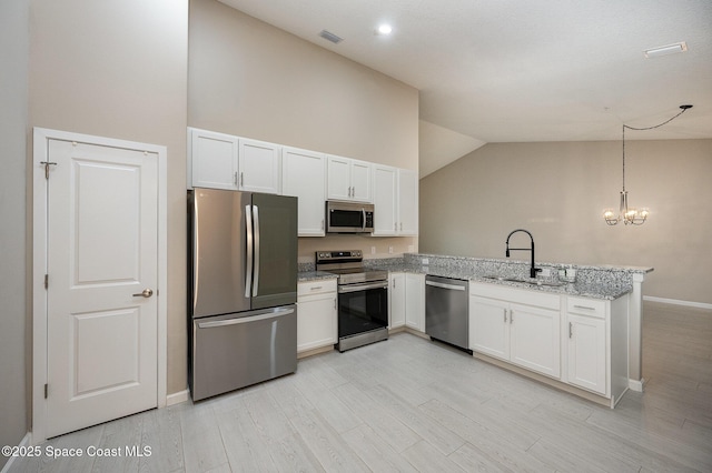 kitchen featuring kitchen peninsula, stainless steel appliances, sink, white cabinetry, and hanging light fixtures