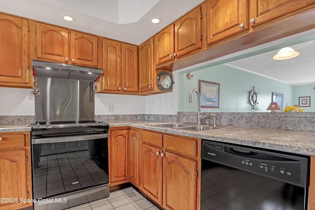 kitchen with black appliances, light tile patterned floors, and sink