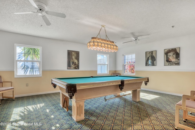 playroom featuring ceiling fan, a textured ceiling, and billiards