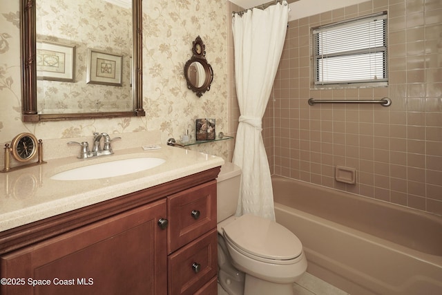 full bathroom with vanity, shower / bathtub combination with curtain, and toilet