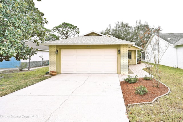 ranch-style house with a front yard and a garage