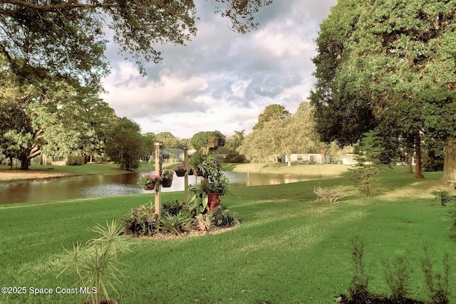 surrounding community featuring a lawn and a water view