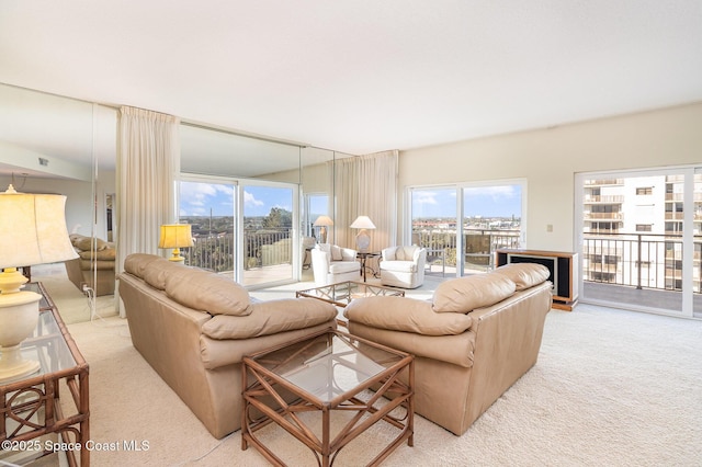 living area featuring light carpet