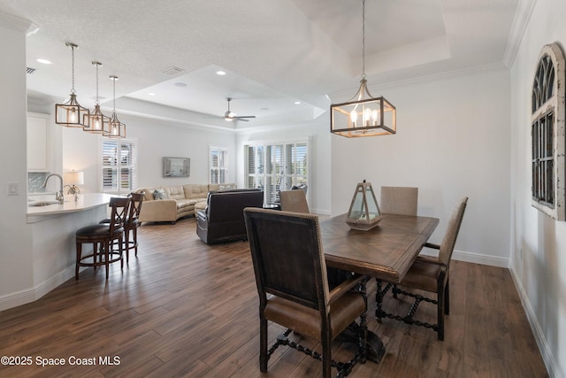 dining room featuring a raised ceiling, plenty of natural light, ceiling fan with notable chandelier, and dark hardwood / wood-style floors