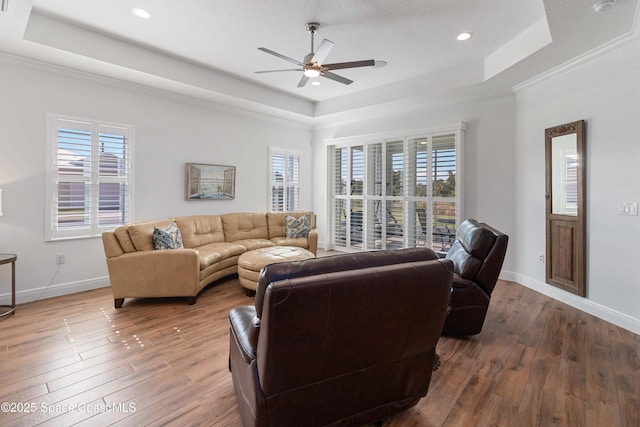 living room featuring hardwood / wood-style flooring, a wealth of natural light, and a tray ceiling