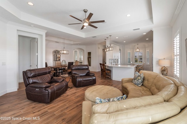 living room featuring ceiling fan with notable chandelier, a raised ceiling, and wood-type flooring