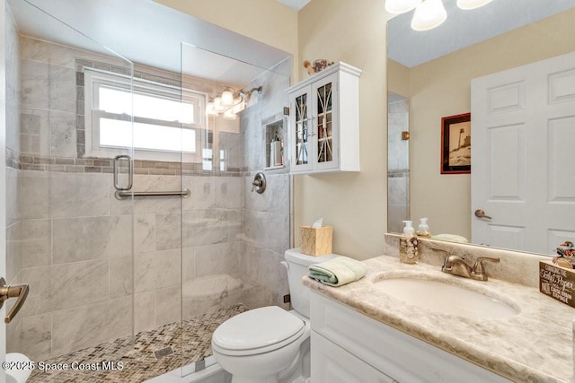 bathroom with vanity, toilet, and an enclosed shower