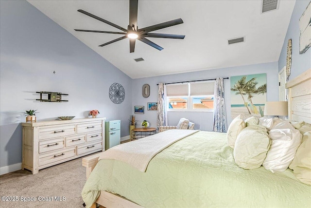 bedroom featuring ceiling fan, high vaulted ceiling, and light carpet