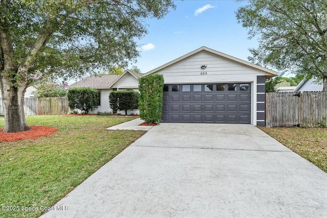 ranch-style house with a garage and a front lawn