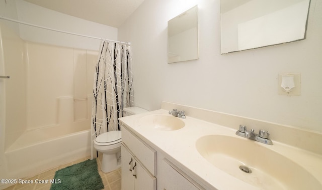 full bathroom featuring shower / bath combo with shower curtain, toilet, vanity, and tile patterned flooring