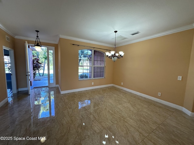 unfurnished dining area featuring ornamental molding and an inviting chandelier