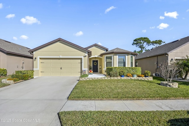 ranch-style home featuring a garage and a front yard