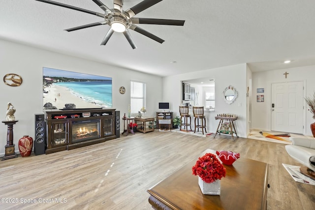 living room featuring ceiling fan, a textured ceiling, and light wood-type flooring