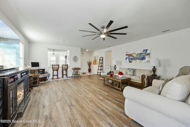 living room with ceiling fan and wood-type flooring