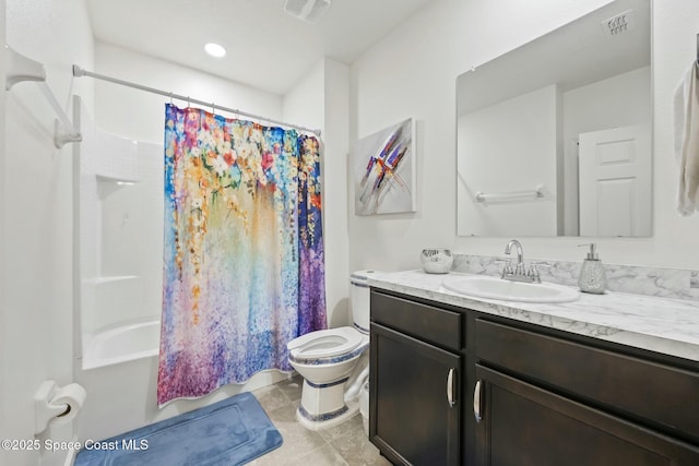 full bathroom featuring vanity, shower / tub combo, and toilet