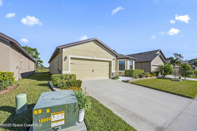 ranch-style house with a garage and a front yard