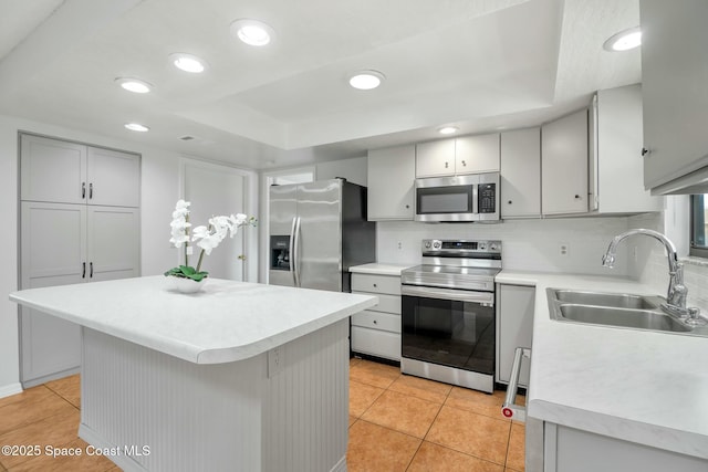 kitchen with sink, tasteful backsplash, a raised ceiling, a kitchen island, and stainless steel appliances