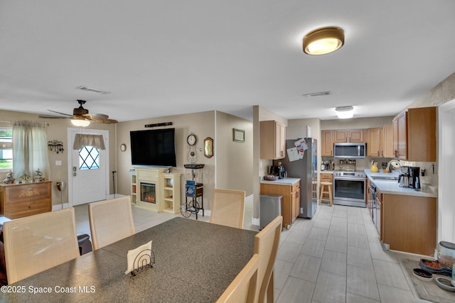 kitchen with ceiling fan, sink, and stainless steel appliances