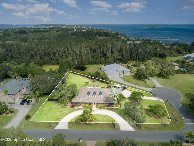 drone / aerial view with a water view