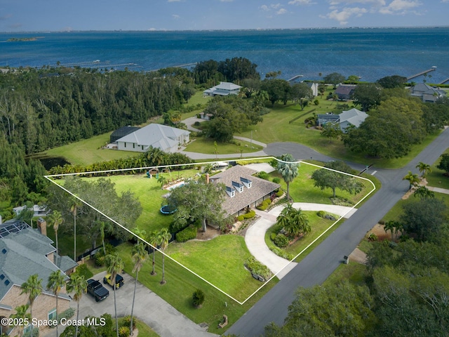 bird's eye view with a water view