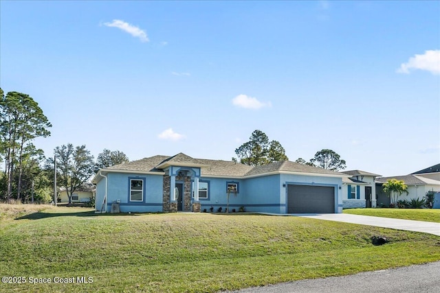 ranch-style house with a front yard and a garage