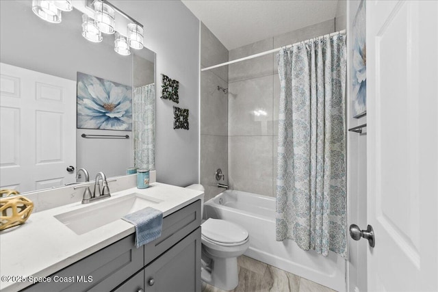 full bathroom with vanity, toilet, and shower / bathtub combination with curtain