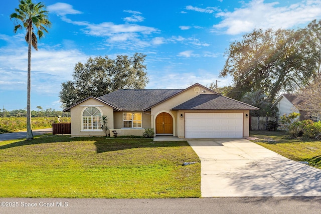 ranch-style home featuring a garage and a front yard