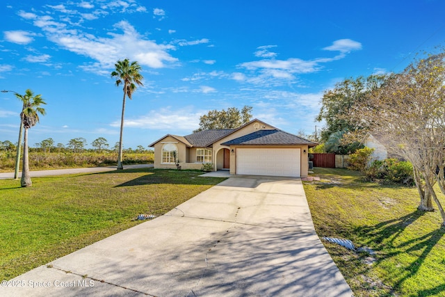 ranch-style home with a front yard and a garage