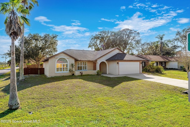 ranch-style home with a garage and a front lawn