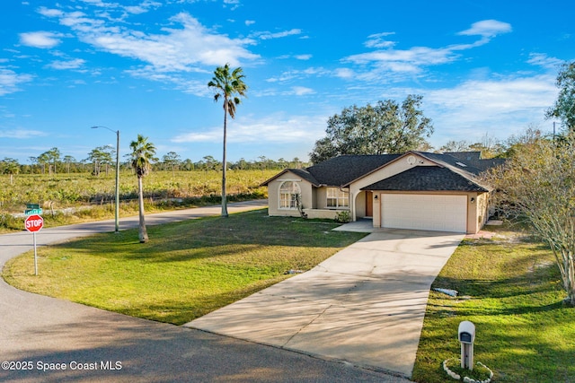 single story home featuring a front yard and a garage