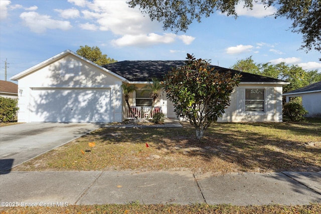 ranch-style house with a front yard and a garage