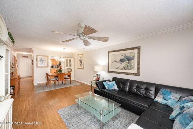 living room featuring ceiling fan with notable chandelier, a textured ceiling, ornamental molding, and wood-type flooring