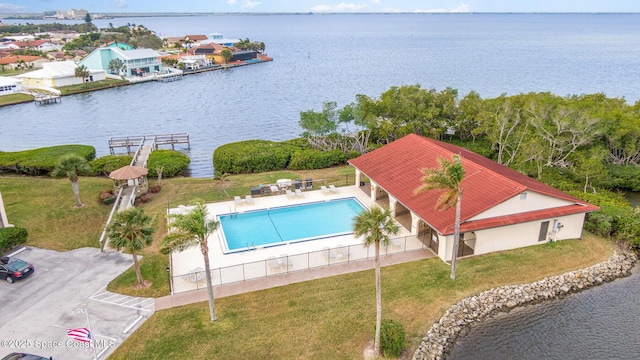 drone / aerial view with a water view