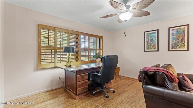 office area with ceiling fan and light hardwood / wood-style floors