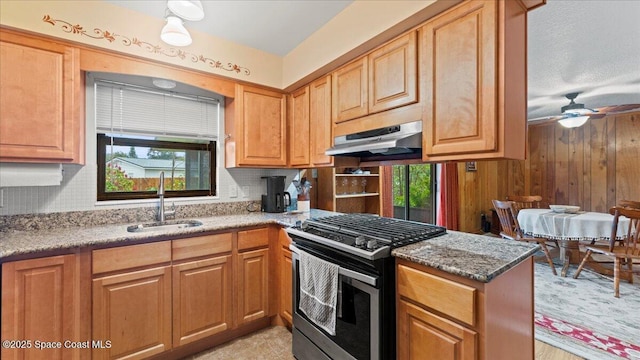 kitchen with sink, ceiling fan, light stone countertops, and gas stove