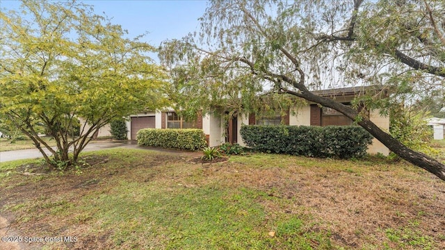 obstructed view of property featuring a garage and a front lawn