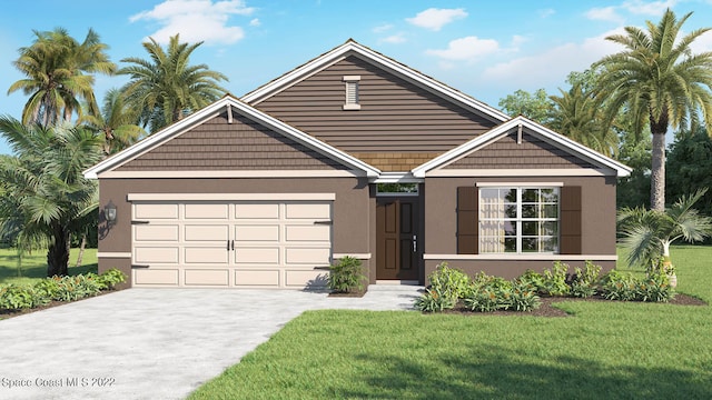 view of front of house featuring stucco siding, an attached garage, concrete driveway, and a front yard